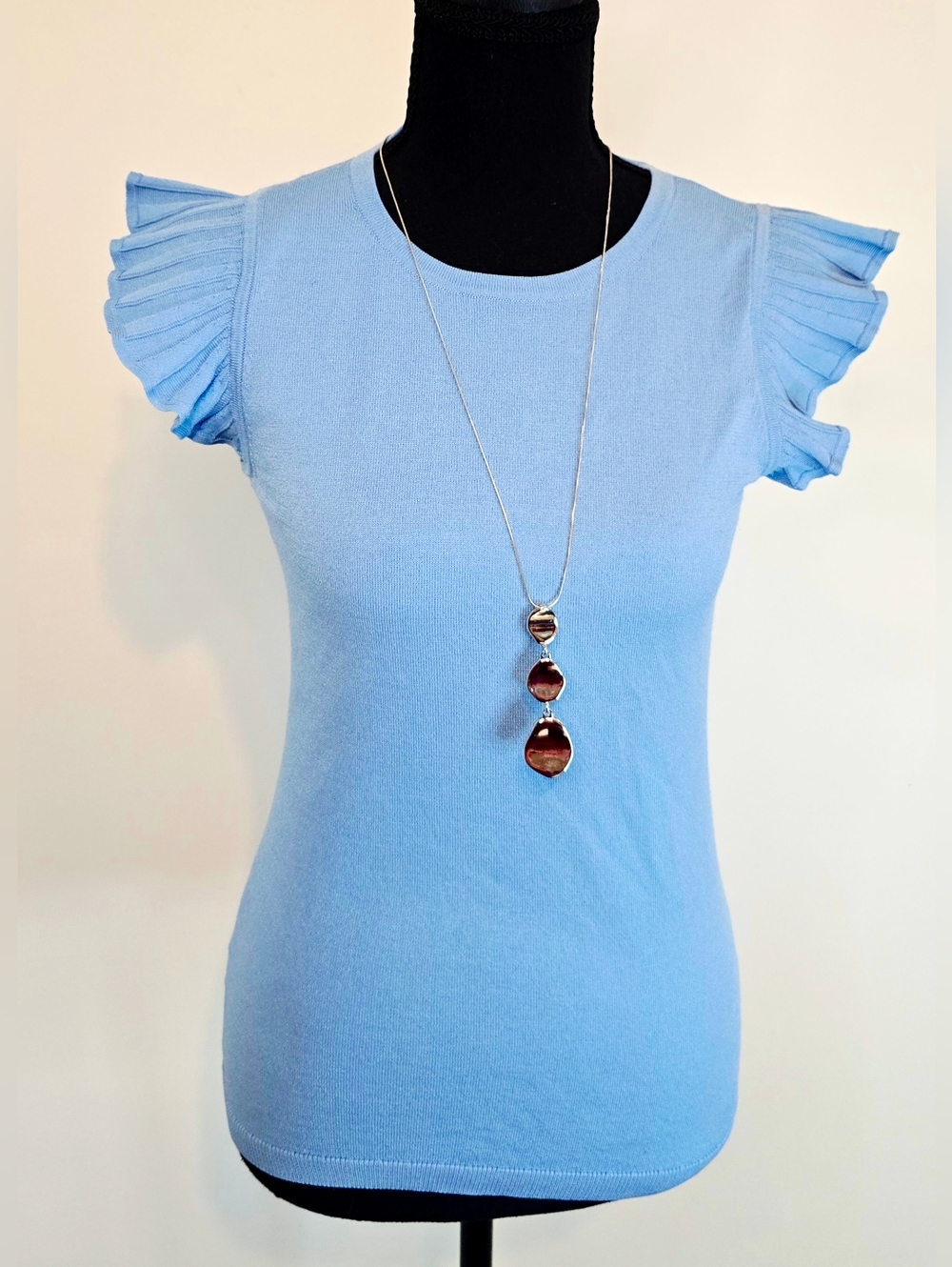 Ann Taylor Factory Blue Ruffle Sleeve Knit Top XS Lightweight